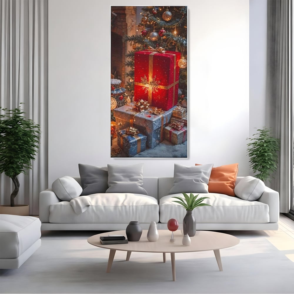 Tablou canvas cu tablou canvas cu cadouri sub brad, in rama de aluminiu argintiu, pe perete intr-un living